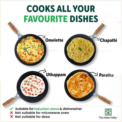 100% Pure Sheet Iron Tawa, Concave, Toxin-free, Seasoned, Wooden Handle, 25.5cm, 0.9kg