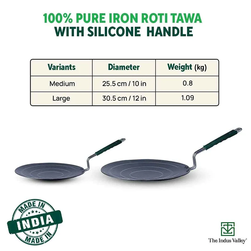 100% Pure Sheet Iron Tawa, Concave, Toxin-free, Seasoned, Silicone Handle,25.5cm/30.5cm