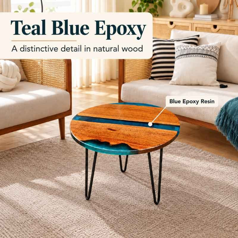 Round Live Edge Epoxy Coffee Table, Solid Wood Center Table with Blue Resin, Natural Wood Table with Metal Hairpin Legs, Custom Size Coffee Table, Creative Sofa Side Table
