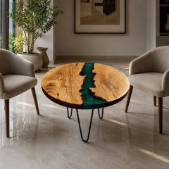 Aqua Line Blue Epoxy Resin River & Solid Wood Center Table