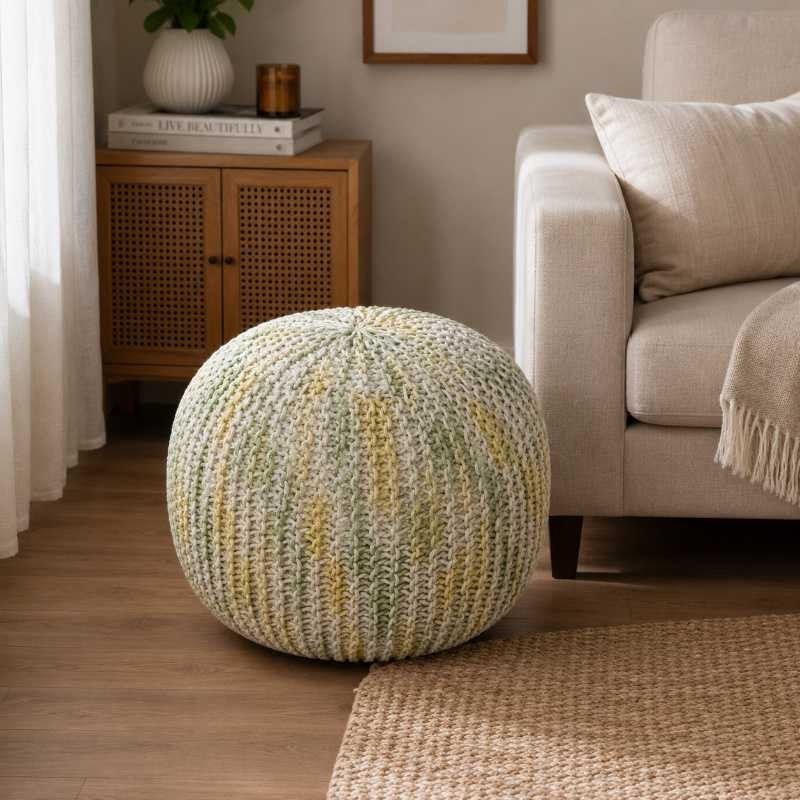 Hand-Knitted Boho Round Pouf Ottoman | Round pouf for modern home interiors | Bohemian style pouf ottoman seat