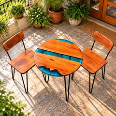 Handmade Round Live Edge Epoxy Coffee Table Set with 2 Chairs, Solid Wood Table with Blue Resin, Metal Hairpin Legs, Custom Size Furniture Set