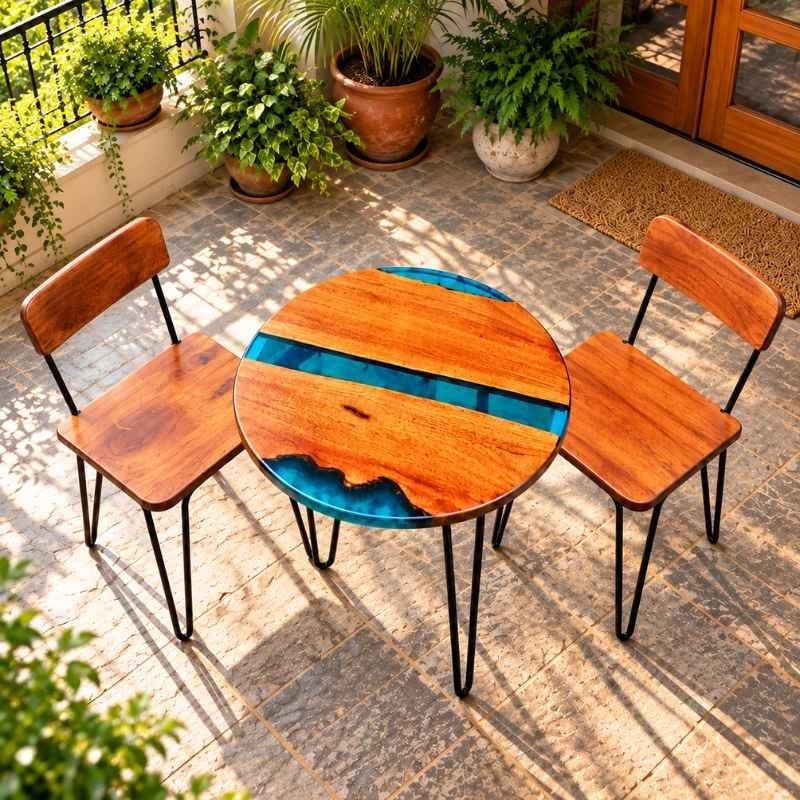 Handmade Round Live Edge Epoxy Coffee Table Set with 2 Chairs, Solid Wood Table with Blue Resin, Metal Hairpin Legs, Custom Size Furniture Set