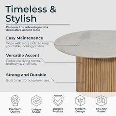 Round White Marble Coffee Table with Fluted Oak Wood Base – Modern Living Room Accent Furniture