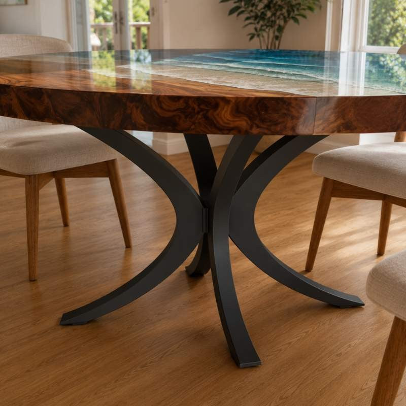 Custom Home Made Luxury Round Ocean Wave Epoxy Resin Dining Table with Black Metal Legs, River Kitchen Table | Natural Solid Wood, Blue Ocean Waves Epoxy Resin
