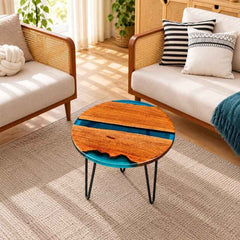 Round Live Edge Epoxy Coffee Table, Solid Wood Center Table with Blue Resin, Natural Wood Table with Metal Hairpin Legs, Custom Size Coffee Table, Creative Sofa Side Table
