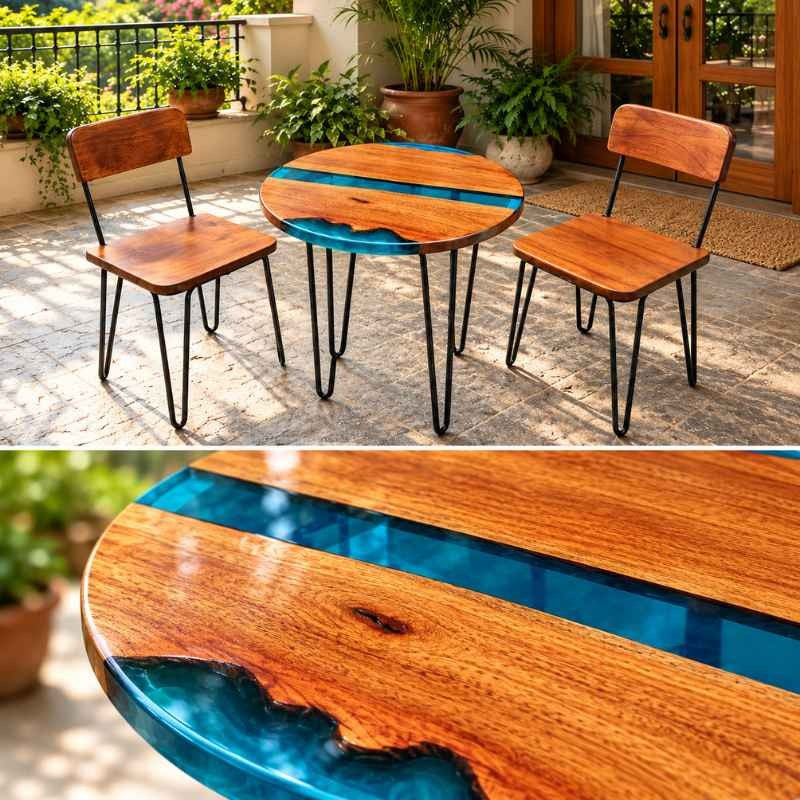Handmade Round Live Edge Epoxy Coffee Table Set with 2 Chairs, Solid Wood Table with Blue Resin, Metal Hairpin Legs, Custom Size Furniture Set