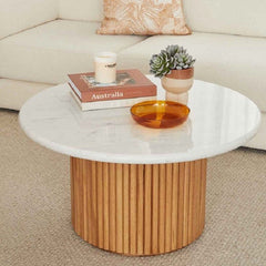 Round White Marble Coffee Table with Fluted Oak Wood Base – Modern Living Room Accent Furniture