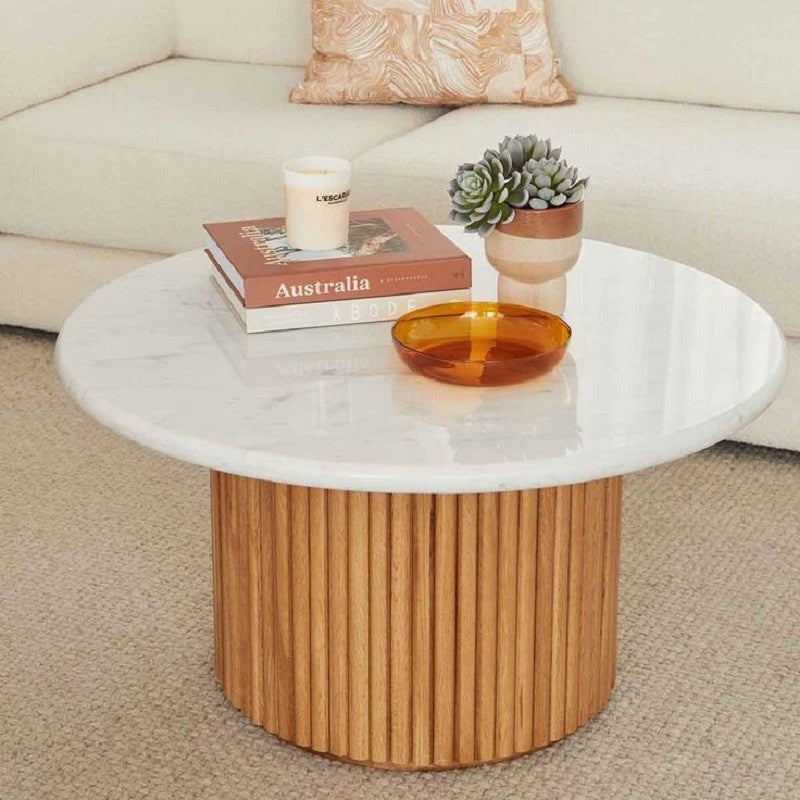 Round White Marble Coffee Table with Fluted Oak Wood Base – Modern Living Room Accent Furniture