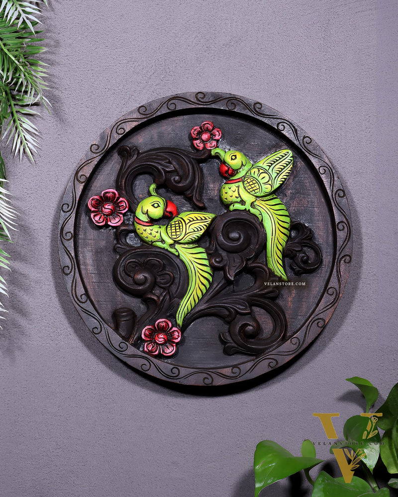 Round Wooden Parrots Wall Hanging – Handcrafted Decorative Wall Art