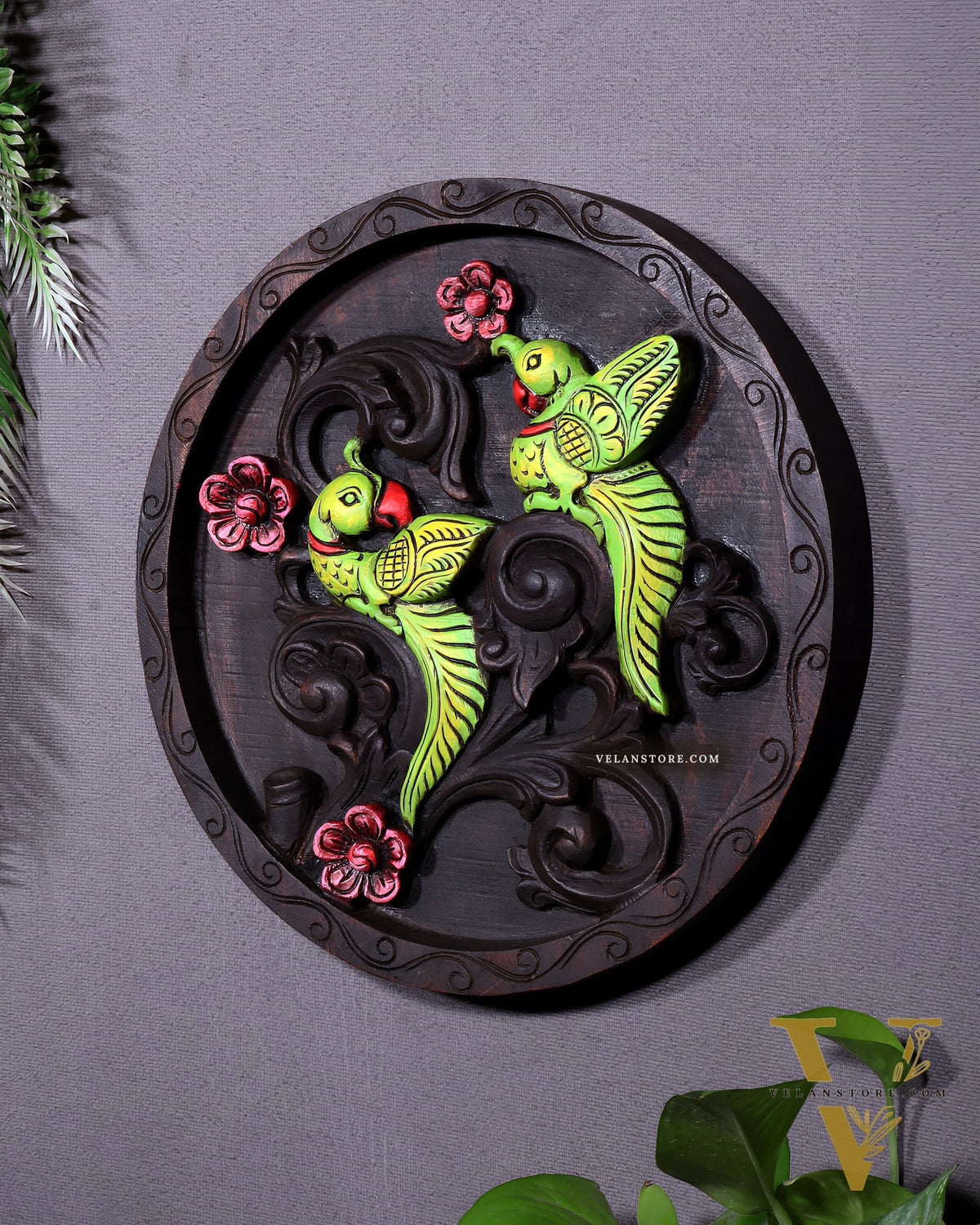 Round Wooden Parrots Wall Hanging – Handcrafted Decorative Wall Art