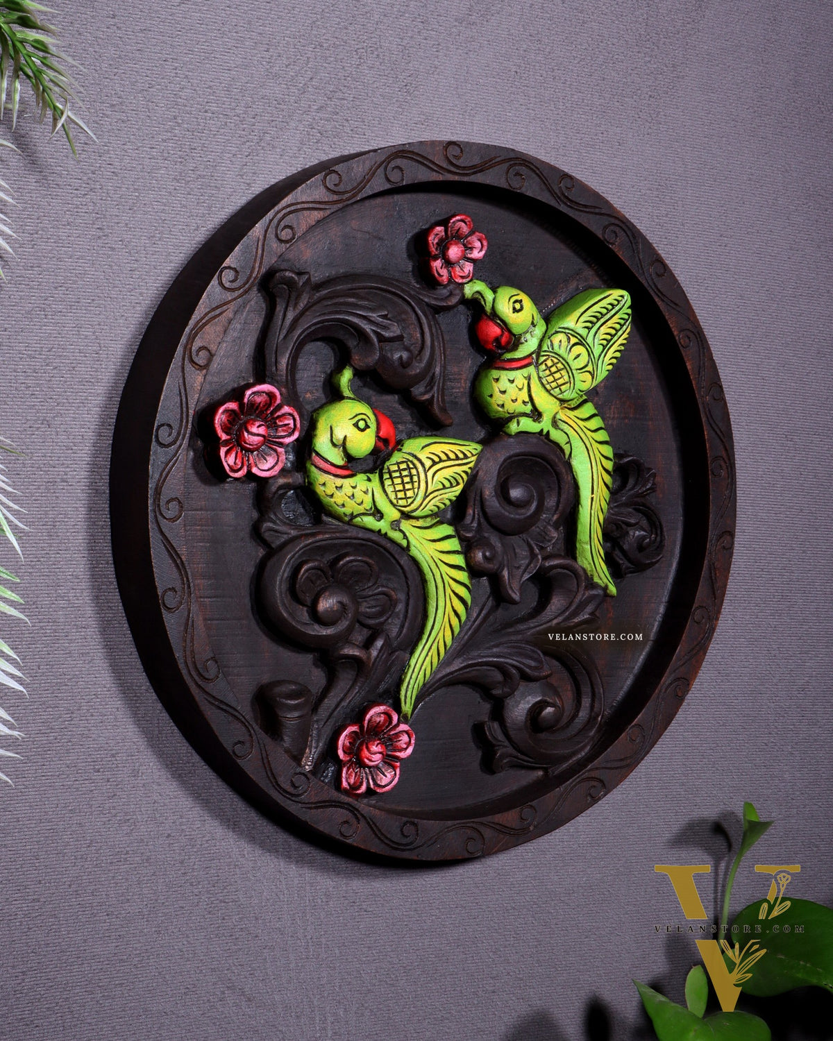 Round Wooden Parrots Wall Hanging – Handcrafted Decorative Wall Art
