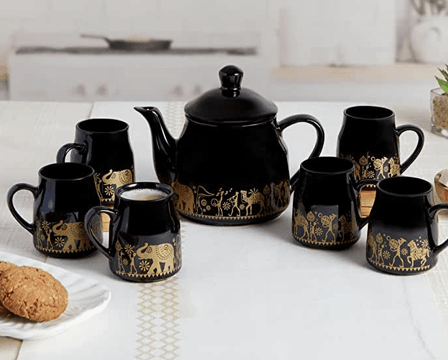 ROXX Pure Ceramic Pastel Flask Microwave Safe Tea/Coffee Cups with Kettle Morning Set Ideal for Friends, Anniversary, Valentine Day, Birthday/1 Kettle + 6 Tea Cups (Multicolor) (Black)