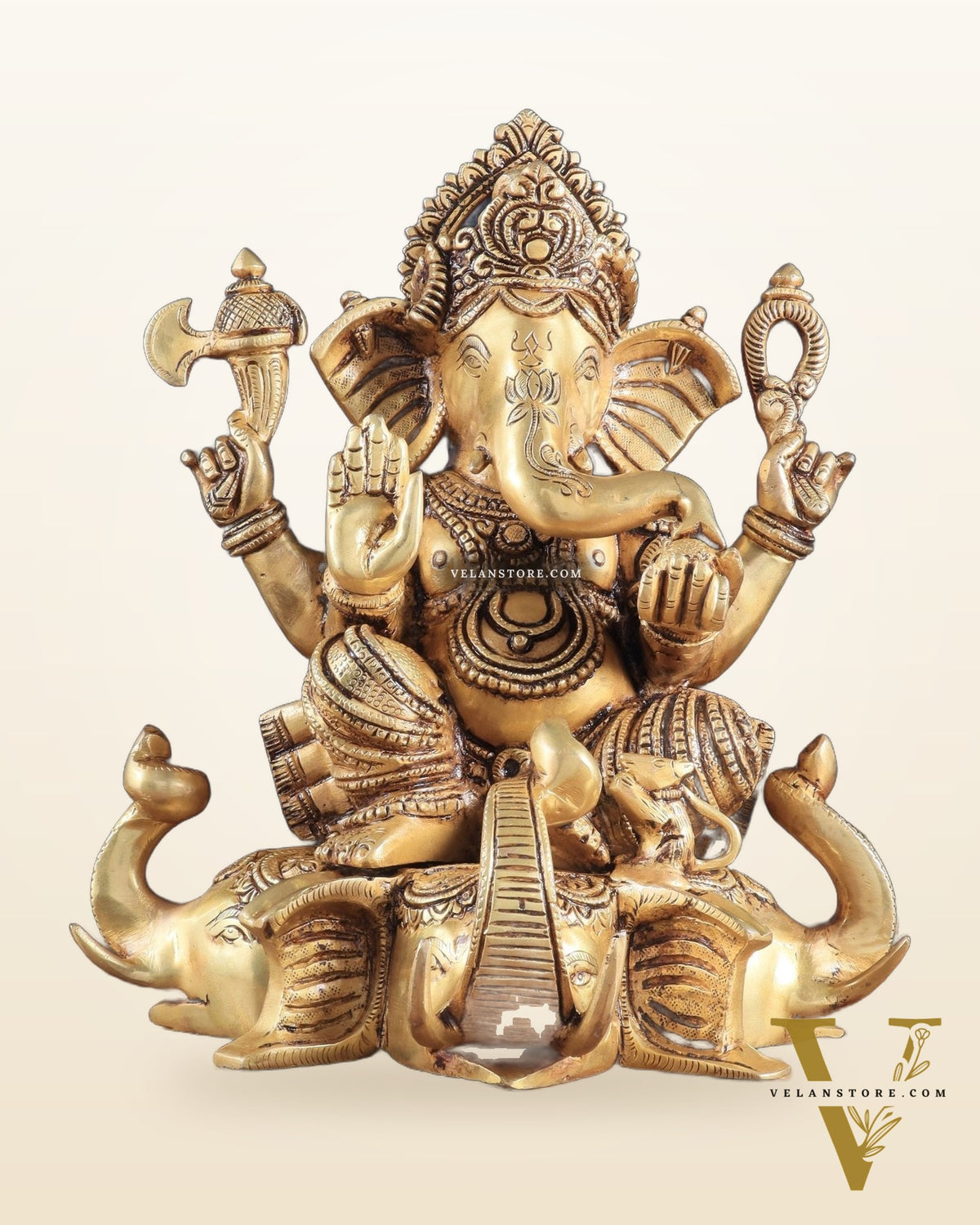 Royal Brass Lord Ganesha on Elephant Heads Aasan – 12.5" x 10" x 9" | Majestic Sculpture