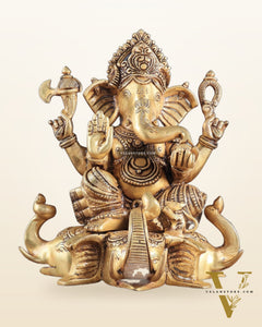 Royal Brass Lord Ganesha on Elephant Heads Aasan – 12.5" x 10" x 9" | Majestic Sculpture