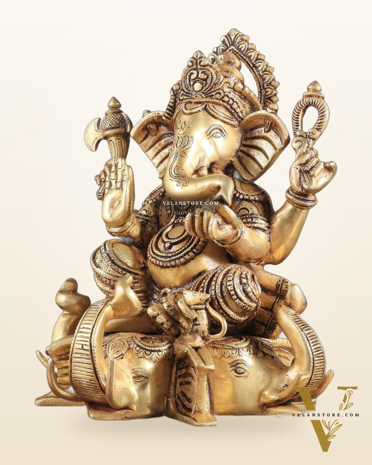 Royal Brass Lord Ganesha on Elephant Heads Aasan – 12.5" x 10" x 9" | Majestic Sculpture