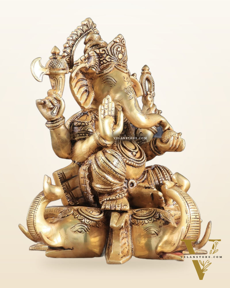 Royal Brass Lord Ganesha on Elephant Heads Aasan – 12.5" x 10" x 9" | Majestic Sculpture