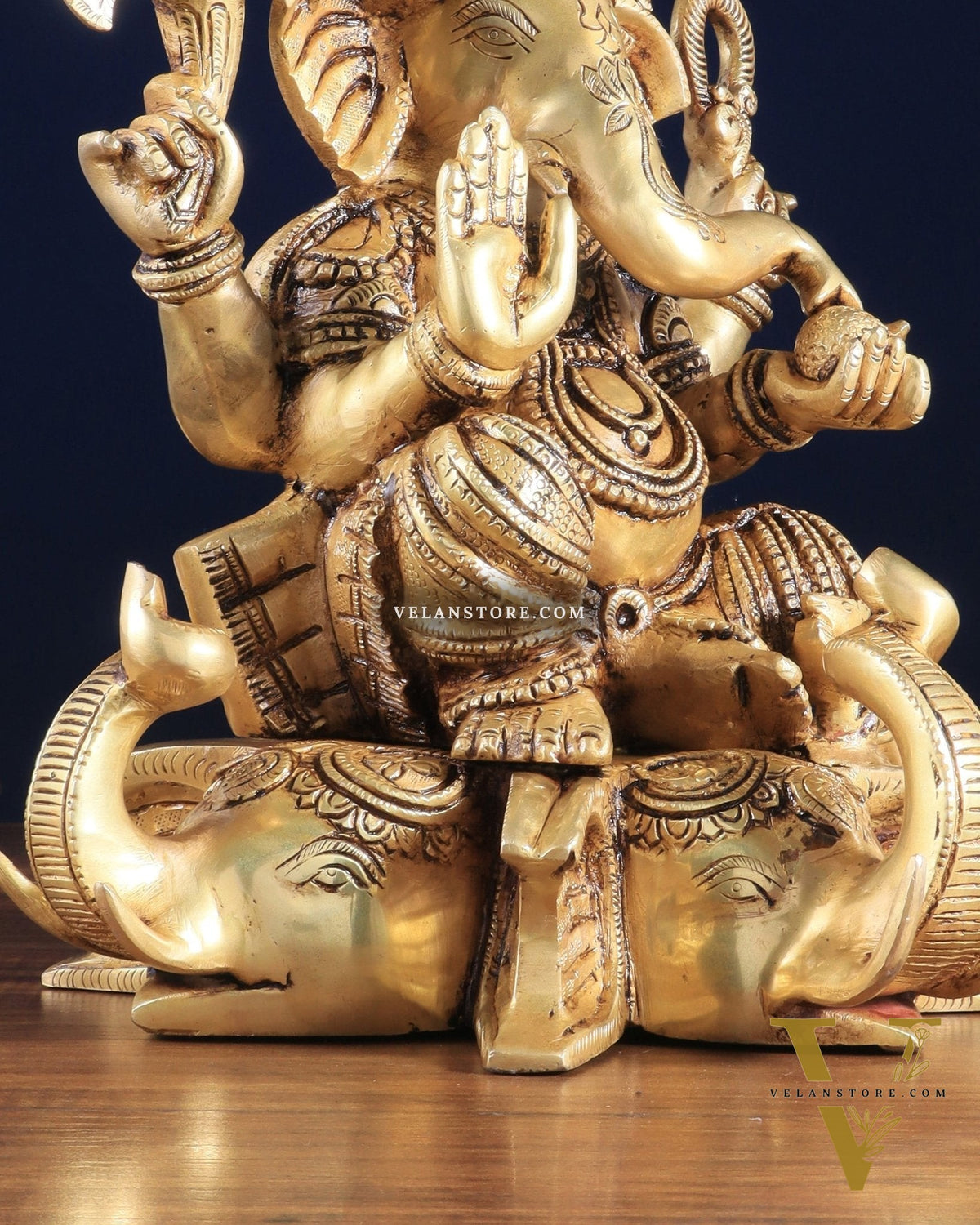 Royal Brass Lord Ganesha on Elephant Heads Aasan – 12.5" x 10" x 9" | Majestic Sculpture