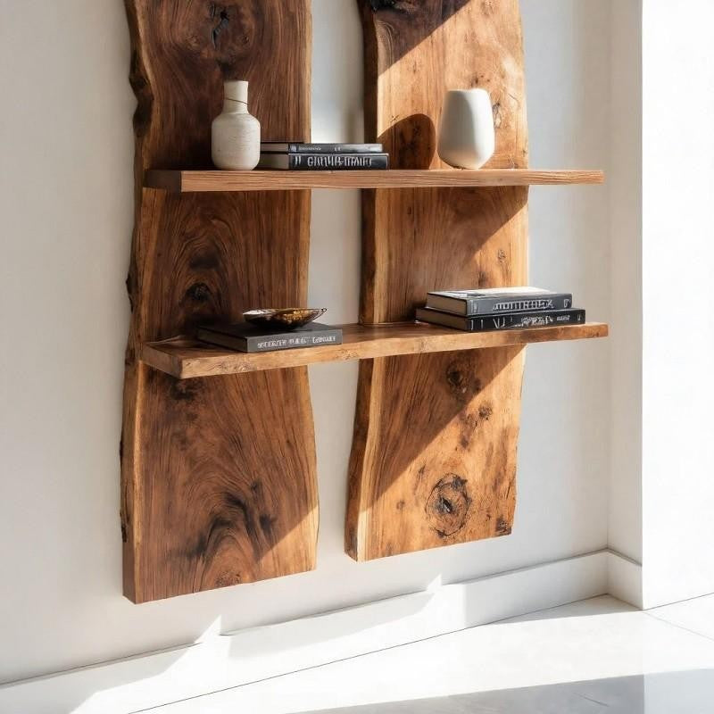 Rustic Live Edge Wall Shelf Panel Set – Solid Wood Floating Display Unit