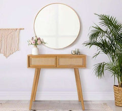 Rustic Boho Style Wooden Console Table with Rattan Sliding Drawers
