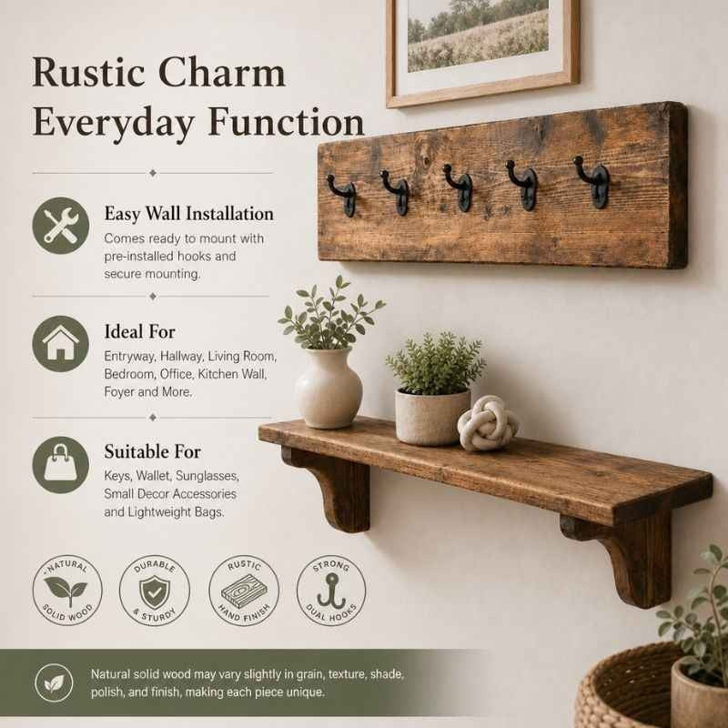 Farmhouse Wall Key Organizer with Wooden Display Shelf, Rustic Entryway Key Holder