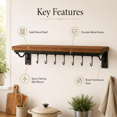 Wall Mounted Pot & Pan Rack with Wooden Shelf – Rustic Kitchen Organizer with Hooks