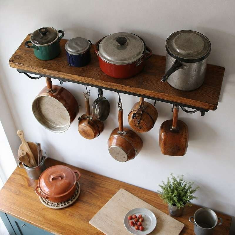 Wall Mounted Pot & Pan Rack with Wooden Shelf – Rustic Kitchen Organizer with Hooks