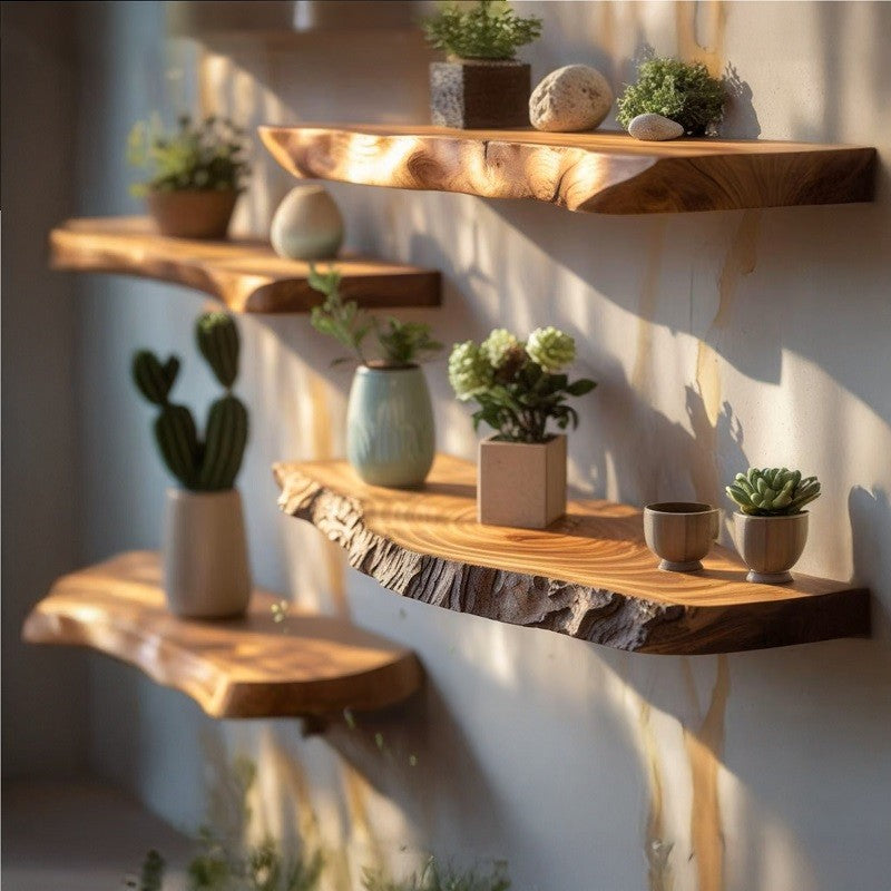 Modern Rustic Live Edge Floating Shelves (Set of 4) – Solid Acacia Wood Wall Shelves