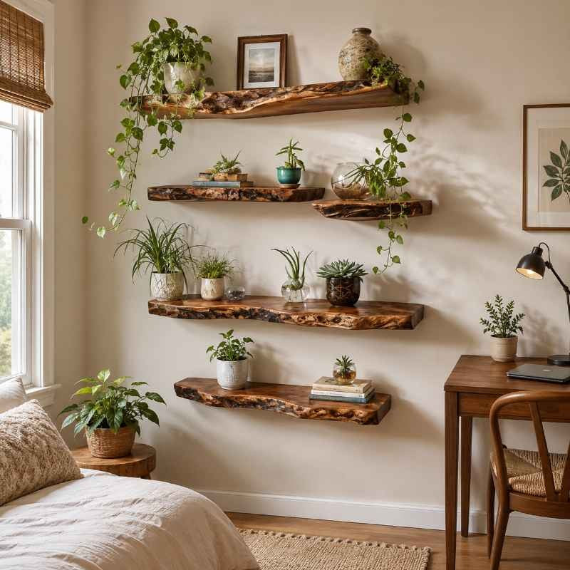 Rustic Live Edge Solid Wood Floating Wall Shelves (Set of 4 Shelf) – Natural Farmhouse Wooden Wall Decor