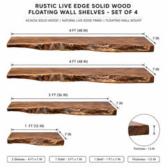 Rustic Live Edge Solid Wood Floating Wall Shelves (Set of 4 Shelf) – Natural Farmhouse Wooden Wall Decor