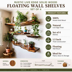 Rustic Live Edge Solid Wood Floating Wall Shelves (Set of 4 Shelf) – Natural Farmhouse Wooden Wall Decor