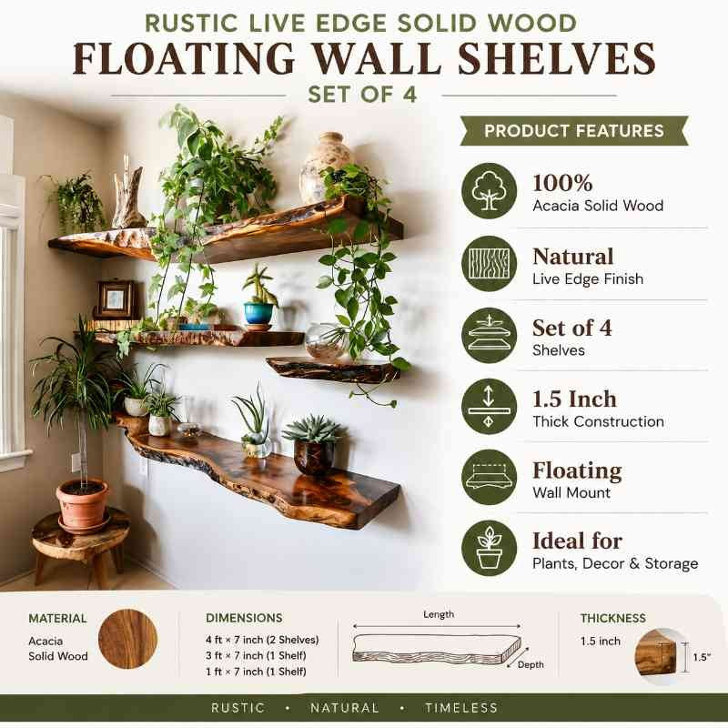 Rustic Live Edge Solid Wood Floating Wall Shelves (Set of 4 Shelf) – Natural Farmhouse Wooden Wall Decor