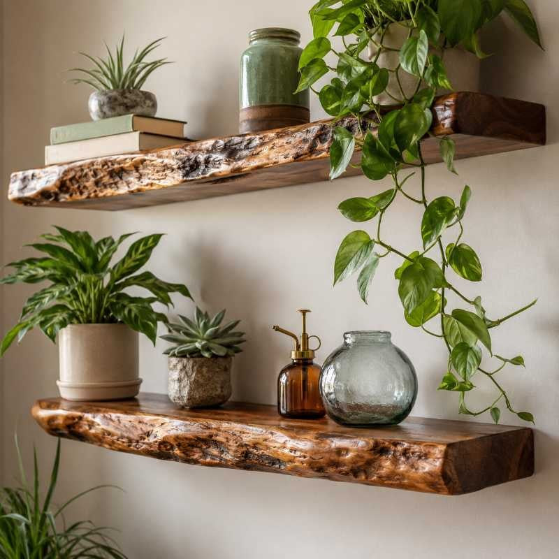 Rustic Live Edge Solid Wood Floating Wall Shelves (Set of 4 Shelf) – Natural Farmhouse Wooden Wall Decor