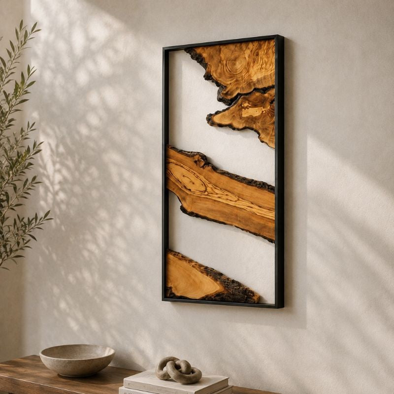 Rustic Natural Wood Wall Art Panels with Black Metal Frame – Luxury Living Room Decor