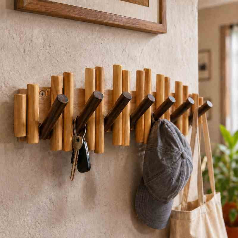 Natural Solid Wood Picket Coat Rack with 7 Flip Wall Hooks