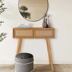 Rustic Boho Style Wooden Console Table with Rattan Sliding Drawers