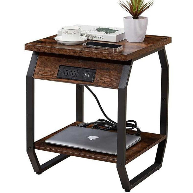 Rustic Smart Charging Sofa Side Table with Storage Shelf | Wooden Side Table with Built-In Power Outlets & USB Ports | Industrial Style | Compact Living Room Furniture