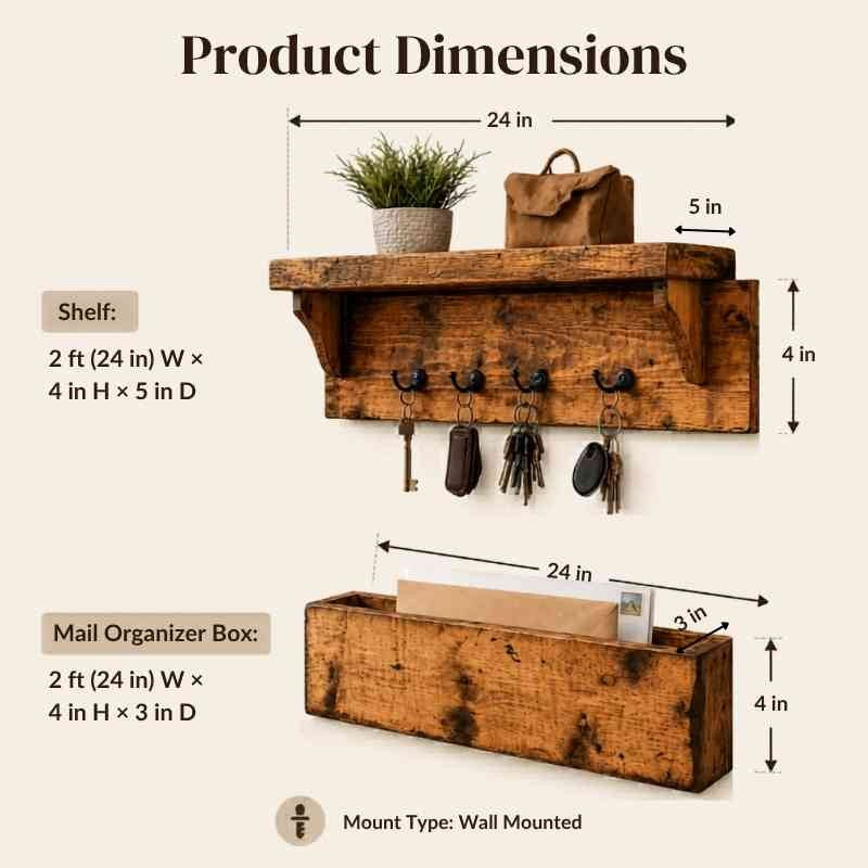 Rustic Wooden Key Holder for Wall with Display Shelf & Mail Organizer Box
