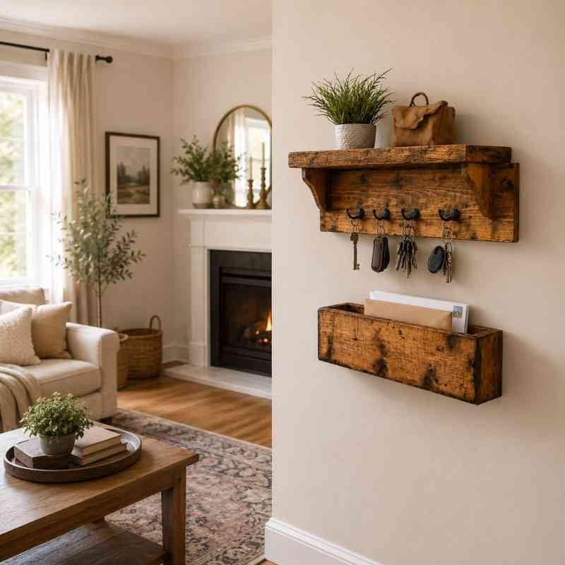 Rustic Wooden Key Holder for Wall with Display Shelf & Mail Organizer Box