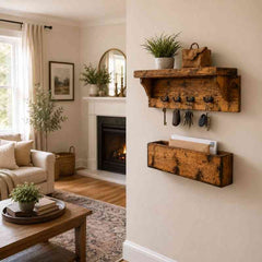 Rustic Wooden Key Holder for Wall with Display Shelf & Mail Organizer Box