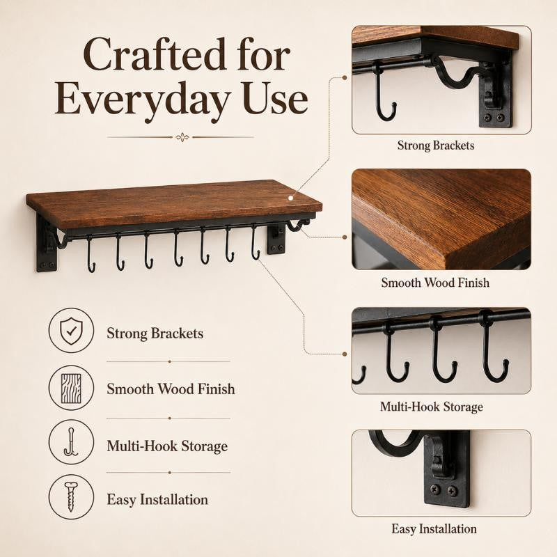 Wall Mounted Pot & Pan Rack with Wooden Shelf – Rustic Kitchen Organizer with Hooks