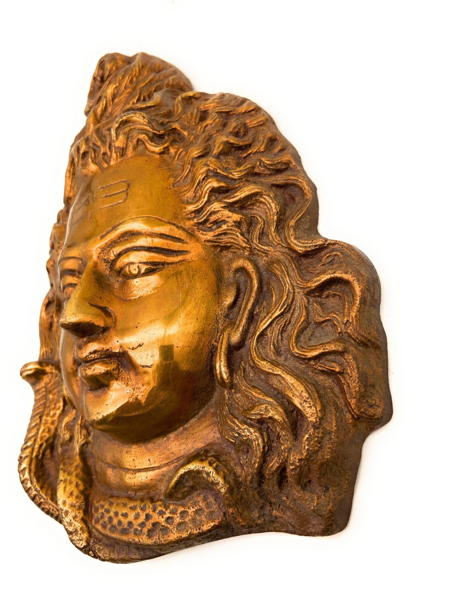 Brass Shiva Face, Peetal Mahadev Mukha, Pital Bholenath Mask, Rudra Idol Wall Decor, Gold, 8.5 Inch, 1 Piece