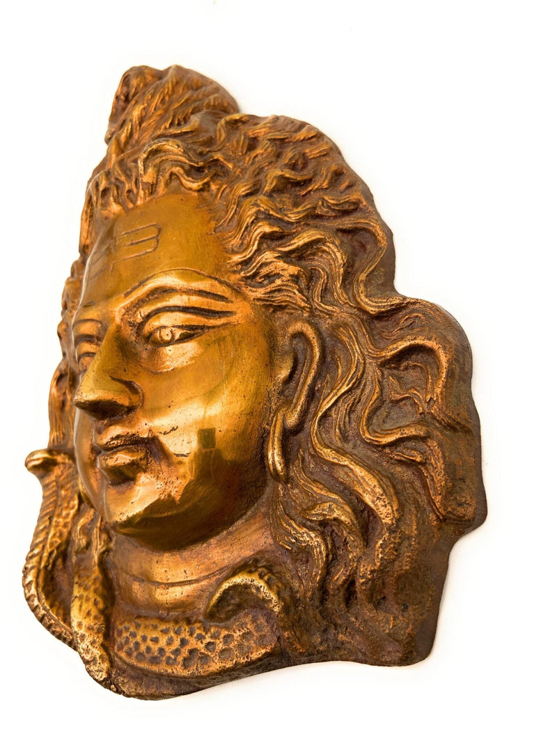 Brass Shiva Face, Peetal Mahadev Mukha, Pital Bholenath Mask, Rudra Idol Wall Decor, Gold, 8.5 Inch, 1 Piece