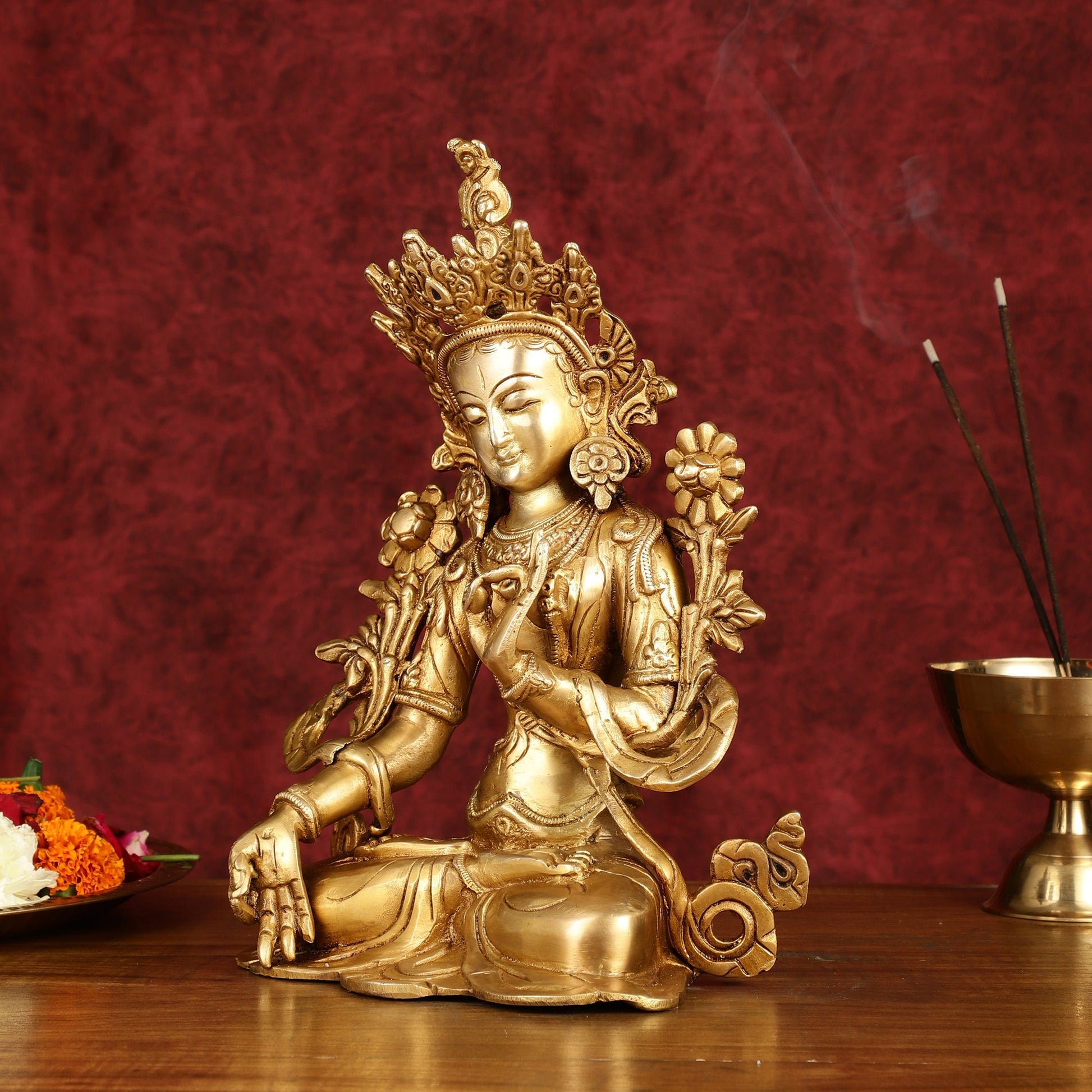 Sacred 11-Inch Pure Brass White Tara Devi Statue - Handcrafted Sculpture