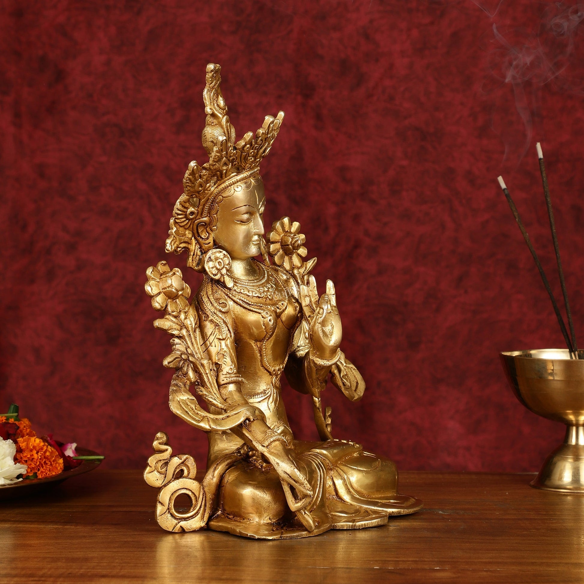 Sacred 11-Inch Pure Brass White Tara Devi Statue - Handcrafted Sculpture