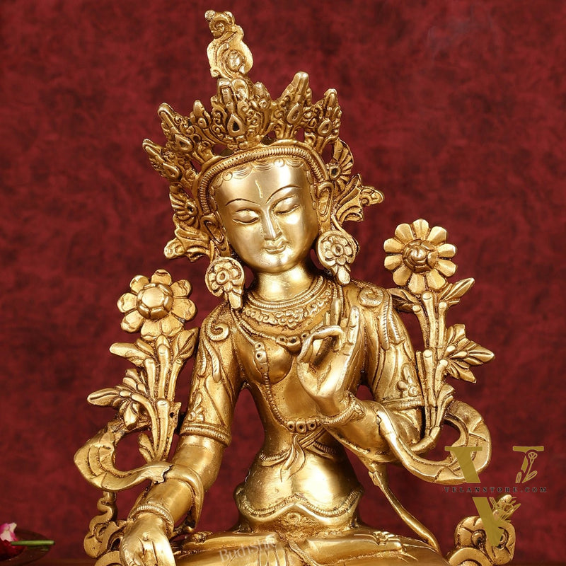 Sacred 11-Inch Pure Brass White Tara Devi Statue - Handcrafted Sculpture