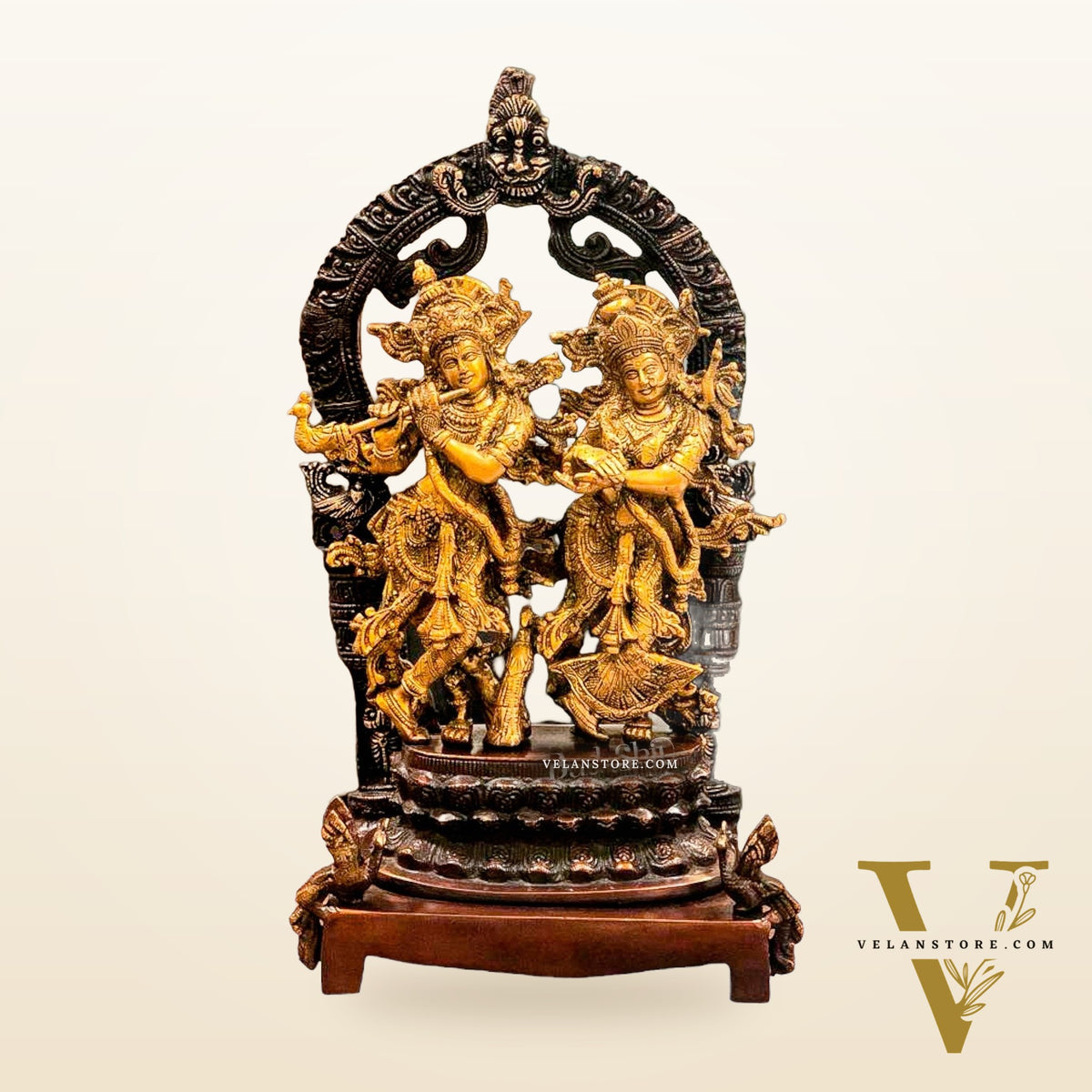 Sacred 17.5-Inch Brass Radha Krishna Idol Pair with Peacock Adorned Base