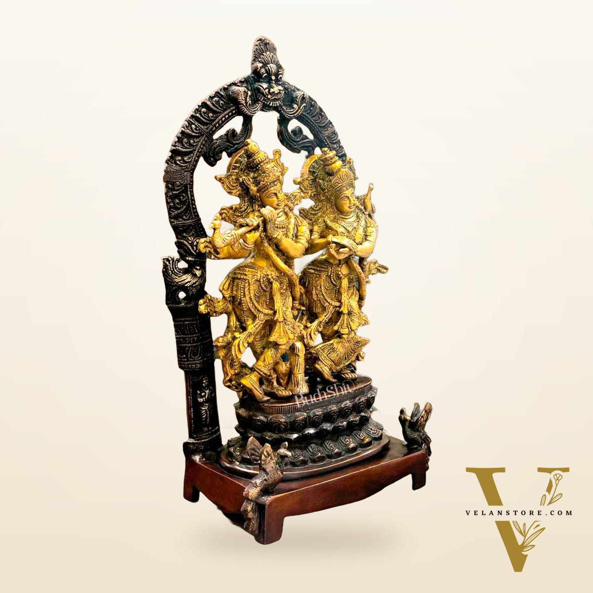 Sacred 17.5-Inch Brass Radha Krishna Idol Pair with Peacock Adorned Base