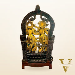 Sacred 17.5-Inch Brass Radha Krishna Idol Pair with Peacock Adorned Base