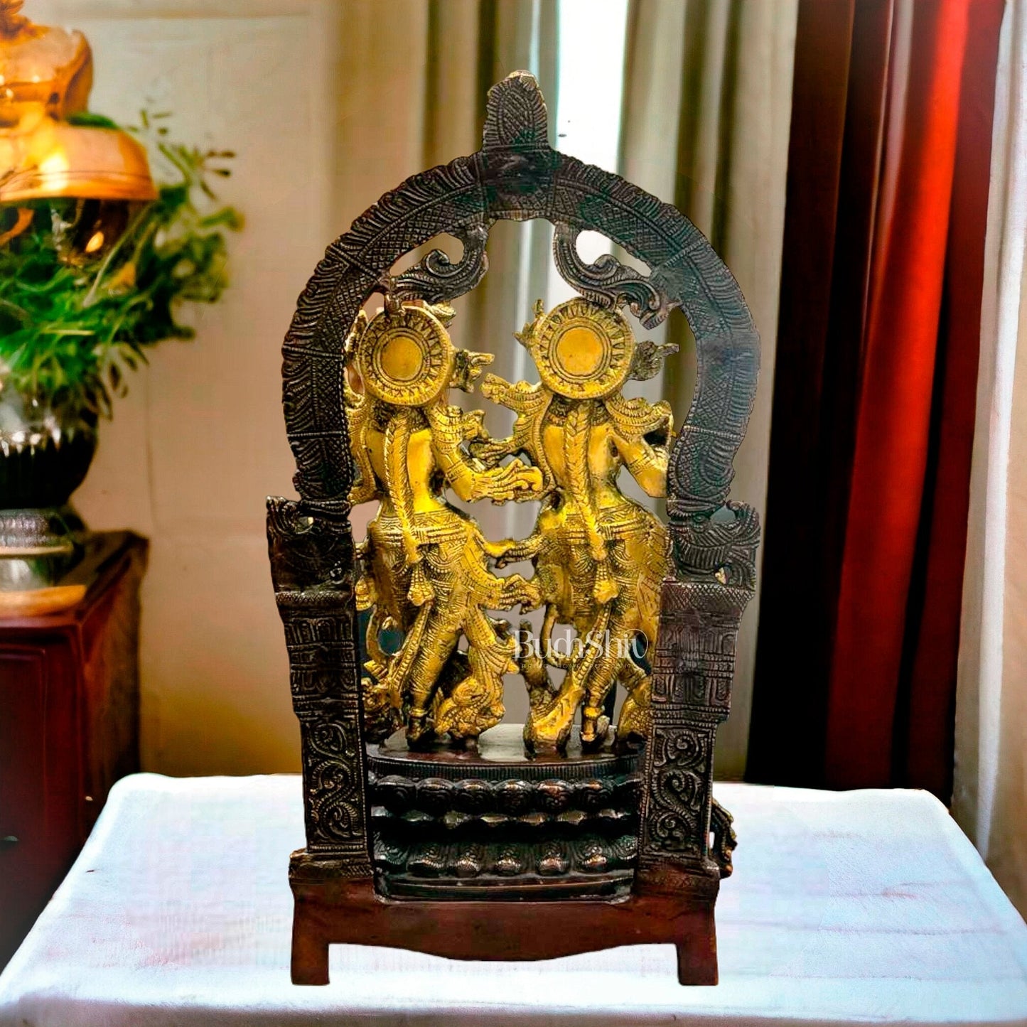 Sacred 17.5-Inch Brass Radha Krishna Idol Pair with Peacock Adorned Base